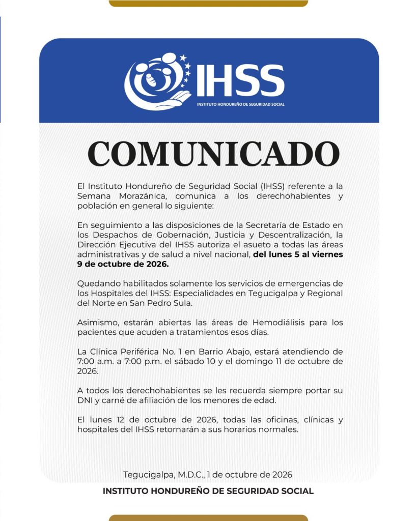 Conozca cuáles serán las áreas que estarán abiertas en el IHSS con motivo del feriado